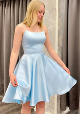 Light Blue Spaghetti Strap Satin A-Line Homecoming Dress