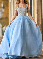 Light Blue Square Neck Ball Gown Long Prom Dress with Beading