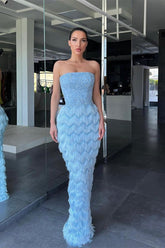 Light Blue Strapless Sheath Long Evening Dress with Feathers