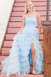 Light Blue Strapless Tulle A-Line Long Prom Dress with Slit