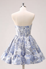 Light Blue Sweetheart A-Line Homecoming Dress with Floral Details and Corset Bodice Back View