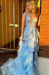 Light Blue Sweetheart Sequin A-Line Long Prom Dress with Slit