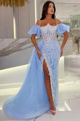 Light Blue Sweetheart Sheath Prom Dress with Beading and Slit