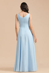 Light Blue V-Neck Chiffon A-Line Long Bridesmaid Dress Back View