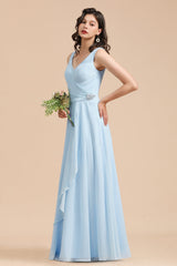Light Blue V-Neck Chiffon A-Line Long Bridesmaid Dress Side View