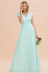 Light Blue V-Neck Chiffon A-Line Long Bridesmaid Dress with Cap Sleeves