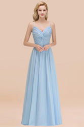 Light Blue V-Neck Chiffon A-Line Long Bridesmaid Dress with Ruching