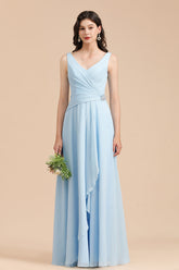 Light Blue V-Neck Chiffon A-Line Long Bridesmaid Dress