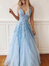 Light Blue V-Neck Tulle A-Line Long Prom Dress with Lace Appliques