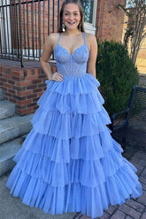 Light Blue V-Neck Tulle A-Line Long Prom Dress with Lace Appliques and Corset Bodice