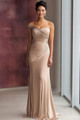 Light Khaki Ruched One Shoulder Sheath Long Satin Gala Dress
