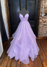 Lilac Deep V-Neck A-Line Long Prom Dress with Ruffles