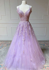 Lilac Deep V-Neck Tulle A-Line Long Prom Dress with Lace Appliques