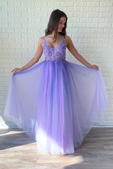 Lilac Deep V-Neck Tulle A-Line Long Prom Dress with Lace Appliques