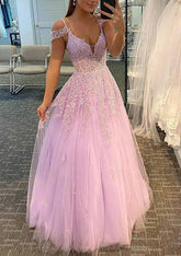 Lilac Deep V-Neck Tulle A-Line Long Prom Dress with Lace Appliques and Beading