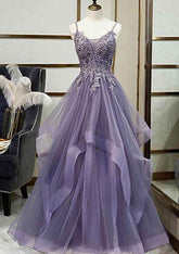 Lilac Deep V-Neck Tulle A-Line Long Prom Dress with Lace Appliques and Ruffles