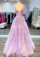 Lilac Deep V-Neck Tulle A-Line Long Prom Dress with Lace Appliques