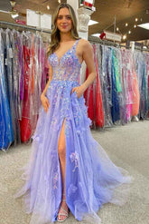 Lilac Deep V-Neck Tulle A-Line Long Prom Dress with Slit and Pockets