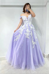 Lilac Off The Shoulder Tulle A-Line Long Prom Dress with Lace Appliques