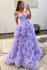 Lilac Off The Shoulder Tulle A-Line Long Prom Dress