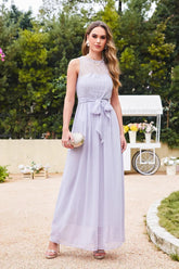 Lilac Scoop Neck Chiffon A-Line Long Bridesmaid Dress