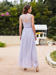 Lilac Scoop Neck Chiffon A-Line Long Bridesmaid Dress Back View