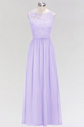 Lilac Scoop Neck Chiffon A-Line Long Bridesmaid Dress with Lace Appliques