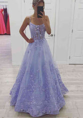 Lilac Scoop Neck Tulle A-Line Long Prom Dress with Lace Appliques and Corset Bodice