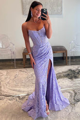 Lilac Strapless Sequin Mermaid Long Prom Dress with Slit