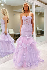 Lilac Sweetheart Tulle Mermaid Long Prom Dress with Lace Appliques