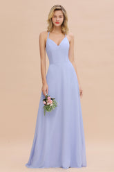 Lilac V-Neck Chiffon A-Line Long Bridesmaid Dress