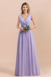 Lilac V-Neck Chiffon A-Line Long Bridesmaid Dress with Ruching