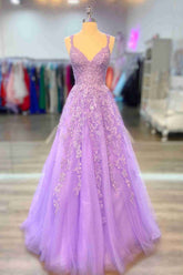 Lilac V-Neck Tulle A-Line Long Prom Dress with Lace Appliques