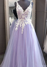 Lilac V-Neck Tulle A-Line Long Prom Dress with Lace Appliques