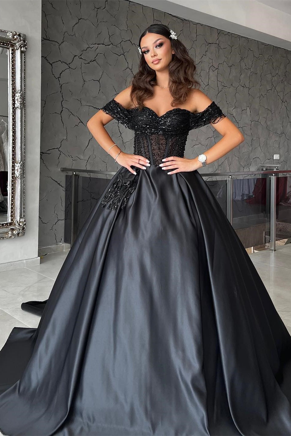 A-line Off-the-shoulder Sweetheart Satin Long Beading Sequins Prom Dresses