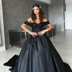 A-line Off-the-shoulder Sweetheart Satin Long Beading Sequins Prom Dresses