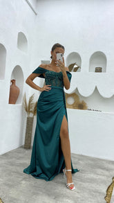 A-line Off-the-shoulder Satin Long Prom Dresses with Side Split