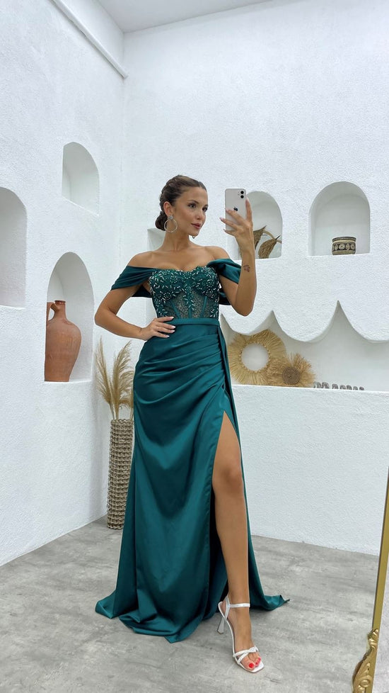 A-line Off-the-shoulder Satin Long Beading Prom Dresses with Slit