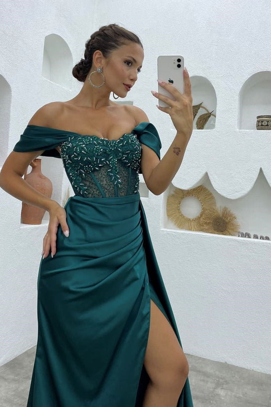 A-line Off-the-shoulder Satin Long Beading Prom Dresses with Slit