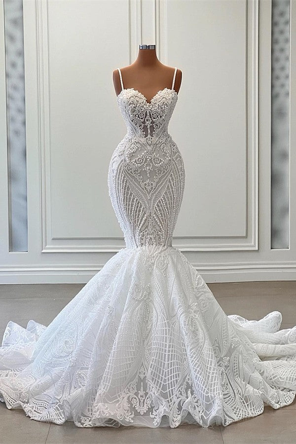 Mermaid Sweetheart Spaghetti Straps Tulle Beading Long Wedding Dresses