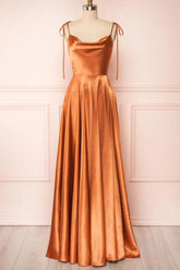 Long A-line Cowl Neck Silk-like Satin Sweep Train Formal Dresses