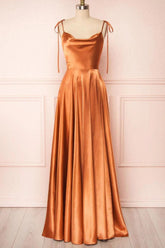 Long A-line Cowl Neck Silk-like Satin Sweep Train Formal Dresses
