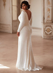 Long Sleeves Sequined V-Neck Mermiad Backless Wedding Dresses With Split Front