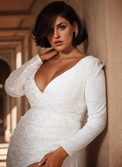 Long Sleeves Sequined V-Neck Mermiad Backless Wedding Dresses With Split Front
