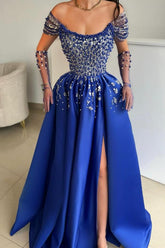 Elegant A-Line Sleeveless Off The Shoulder Side Split Prom Dresses with Beading