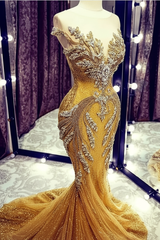 Luxury Long Mermaid V-neck Beadings Tulle Prom Dress