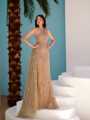 Elegant Dark Blue One-Shoulder Mermaid Evening Dress with Sequin Applique