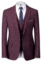 Men Chic Suit Burgundy Plaid Notched Lapel 3 Piece Business Suits For Men