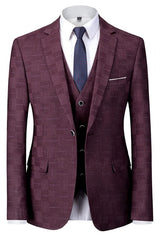 Men Chic Suit Burgundy Plaid Notched Lapel 3 Piece Business Suits For Men