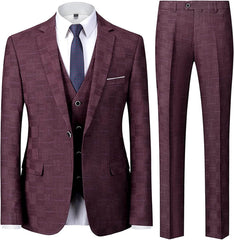Men Chic Suit Burgundy Plaid Notched Lapel 3 Piece Business Suits For Men